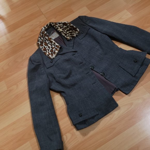1940s Vintage Leopard Print Faux Fur Collar Suit Jacket Blazer Dark Gray Ladies - Picture 7 of 8